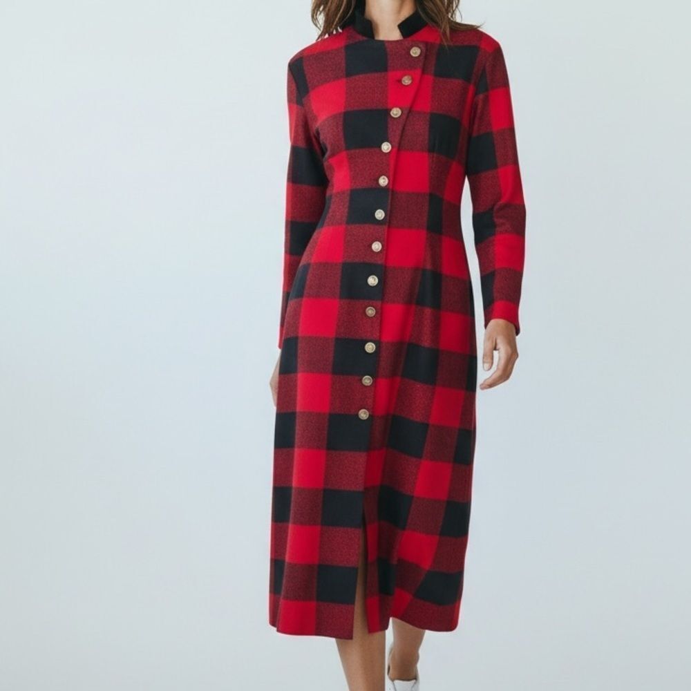 Vintage Positive Attitude Red and Black Plaid Long Sleeve Midi/Maxi Dress in 8